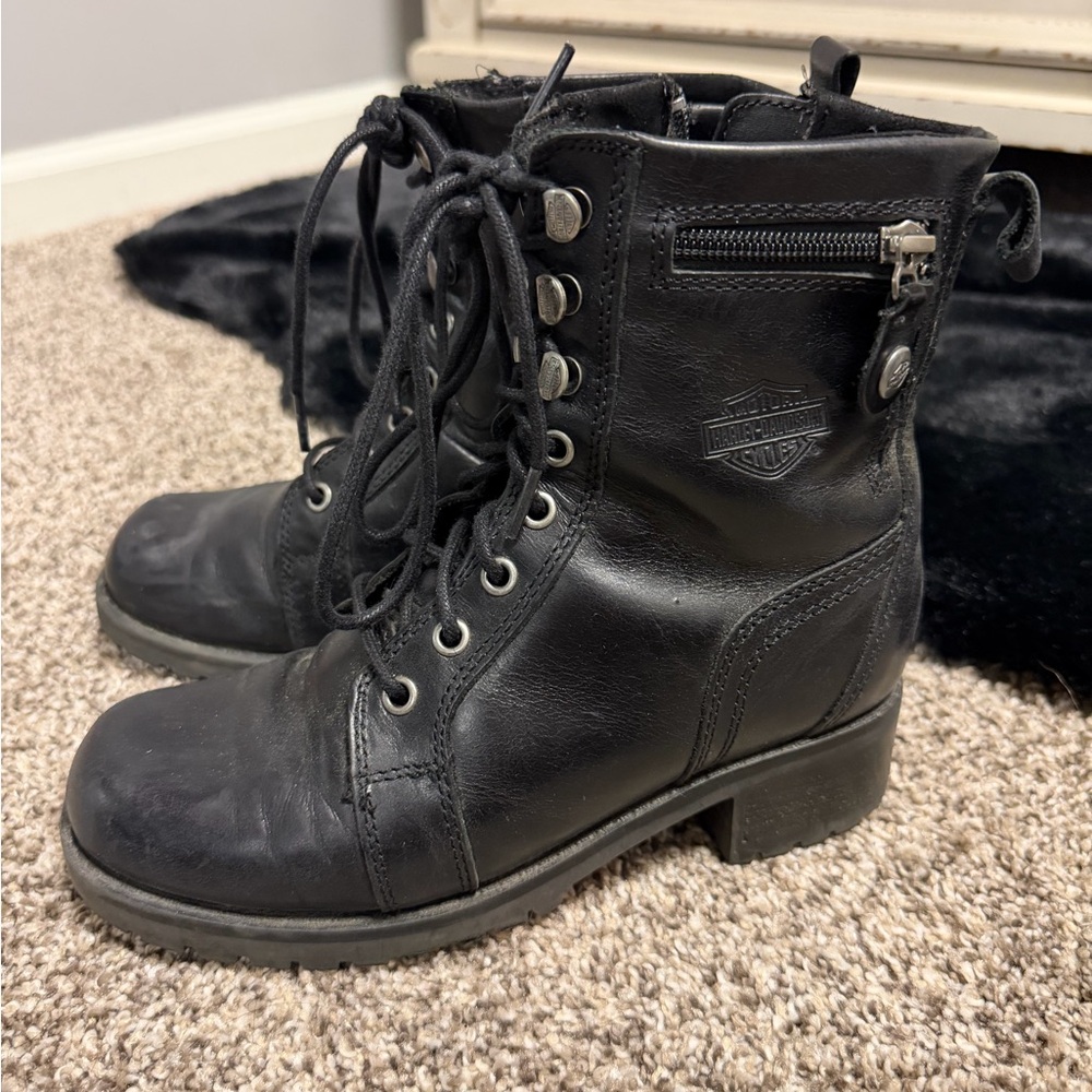 Harley-Davidson Black Leather Lace-Up Moto Combat Boots with Side Zip Motorcycle